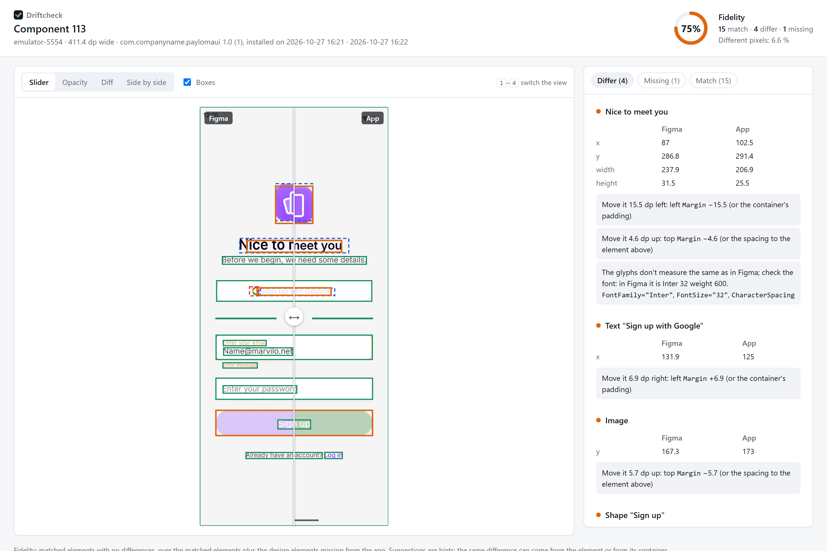 Reporte interactivo de Driftcheck en la vista Slider: diseño de Figma y app bajo un deslizador, 75 % de fidelidad y la lista de diferencias con su corrección