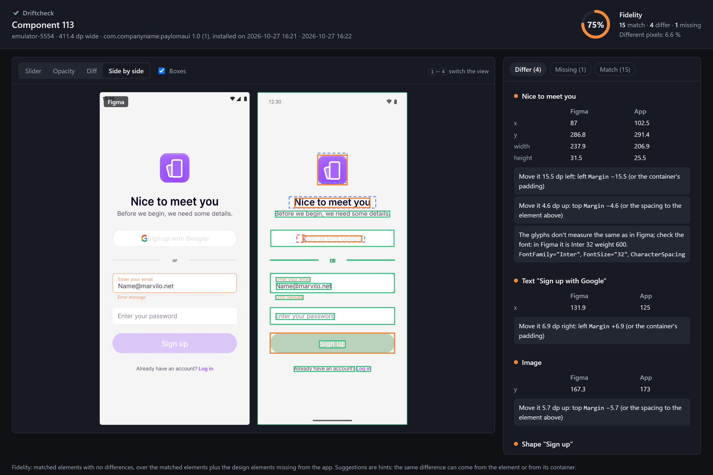 Vista Side by side del reporte de Driftcheck: a la izquierda el diseño de Figma y a la derecha la app con cajas verdes y naranjas sobre cada elemento