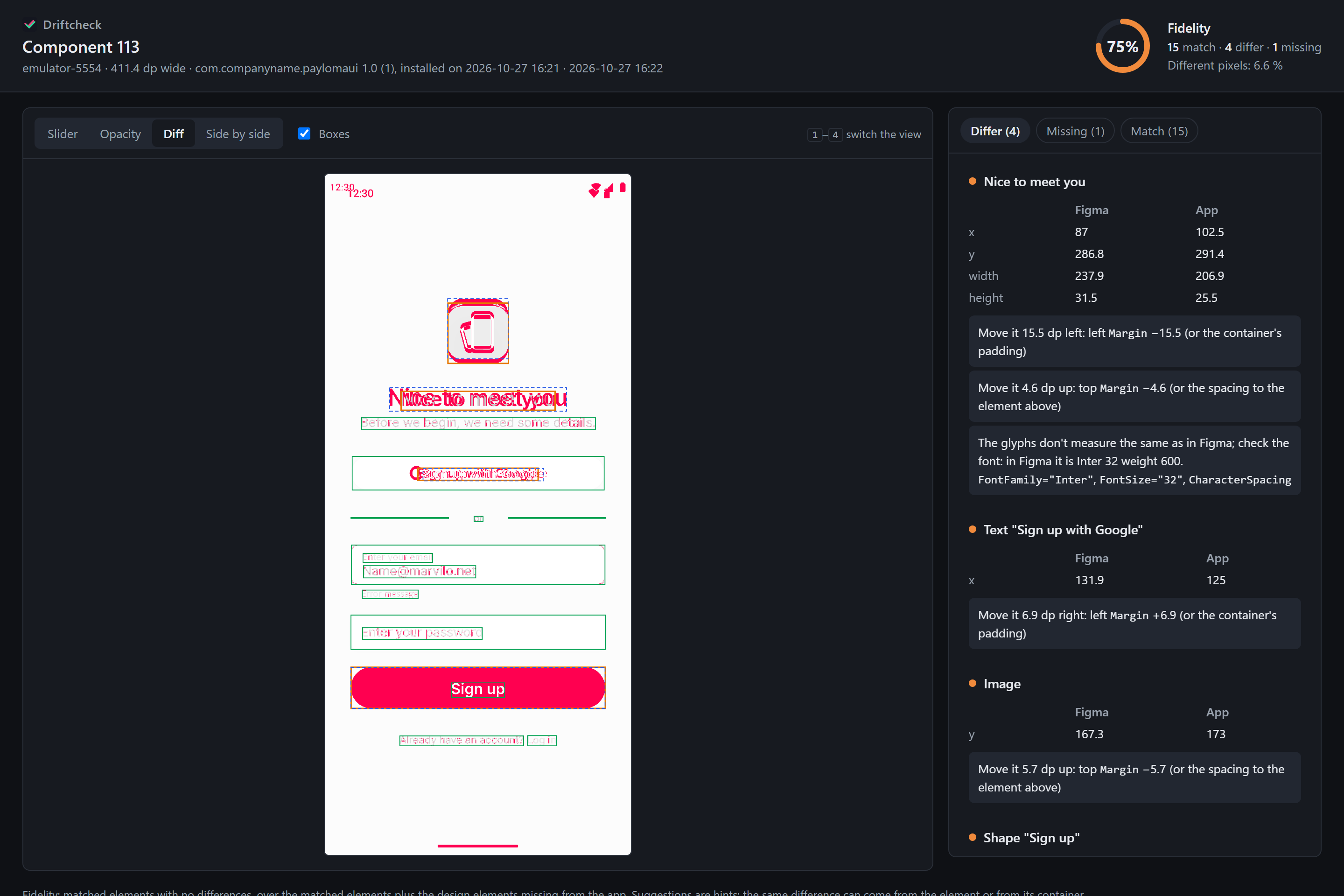 Vista Diff del reporte de Driftcheck: los píxeles diferentes entre el diseño y la app marcados en magenta, con el botón Sign up completamente resaltado