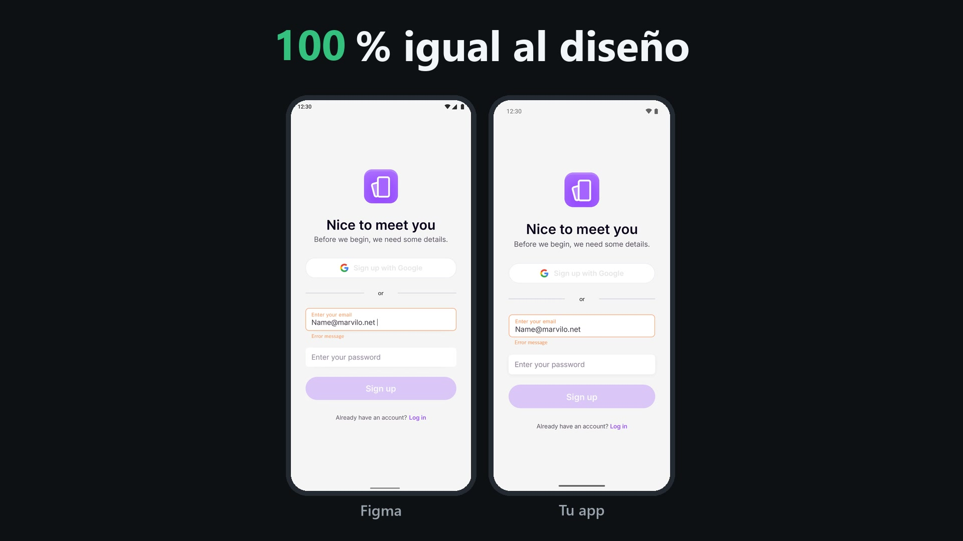 Resultado de Driftcheck: la pantalla de registro en Figma y en la app lado a lado, con el título 100 % igual al diseño