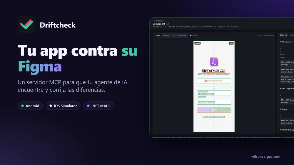 Ícono de Driftcheck junto al reporte interactivo que compara el diseño de Figma con la app